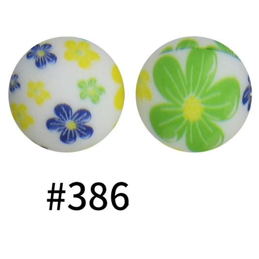 Flowers Printed Green Blue Silicone Beads Number 386