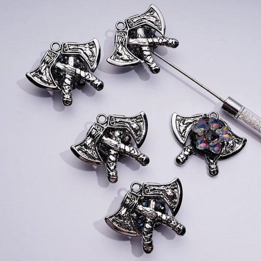 Elegant Silver Alloy Axe Charm – Decorated with Butterflies, Hearts, Stars, Rhinestones & Clay Beads, Approx. 50 x 41MM