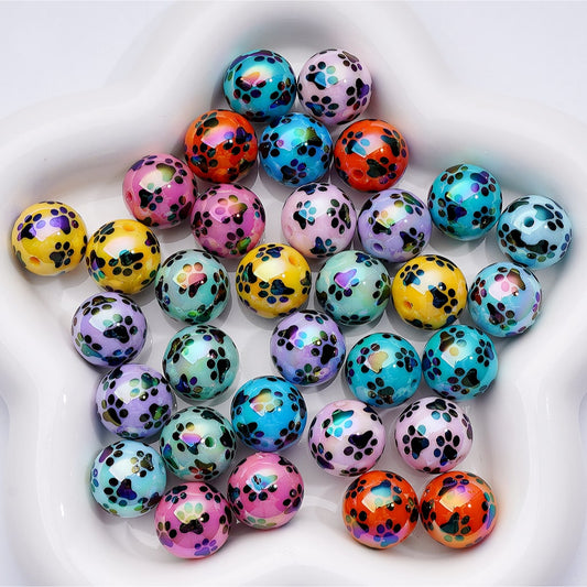 UV Coated Black Dog Paw Print Multi-Color Round Acrylic Beads 16mm Random Mix