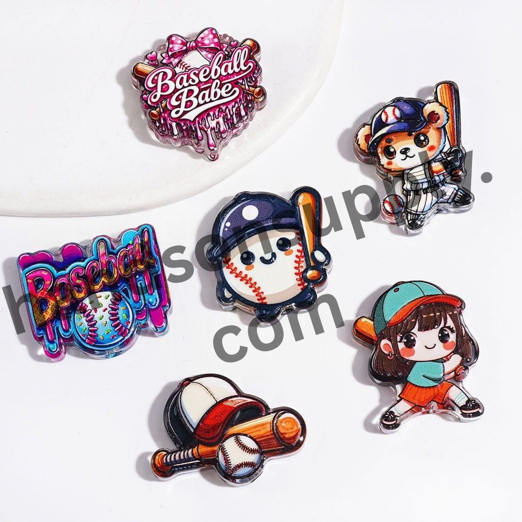 Baseball Theme Cartoon Characters and Sports Design Semi-Clear Acrylic Beads, Random Mix
