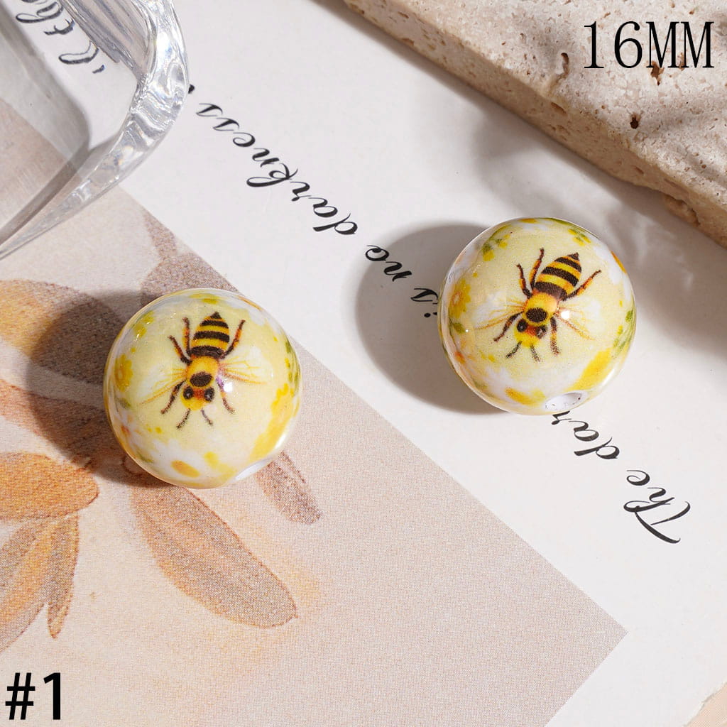 Cute Honey Bees and Flowers Theme Prints, UV Finish Acrylic Beads for Bracelets & Necklace, 16MM, Assorted Style