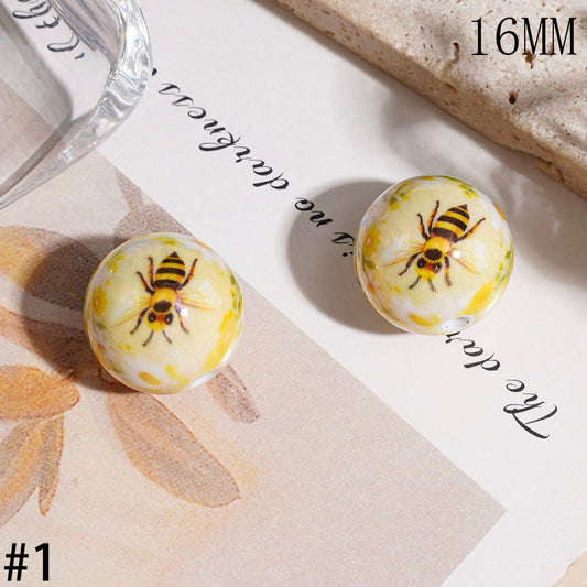 UV-Coated Bee & Sunflower Print Acrylic Beads for Bracelets & Necklaces, “Bee Kind” Fower Theme, 16MM, Multi-Color Random Mix
