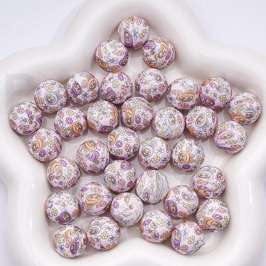 Labub Silicone Beads with Cute Flower Print Design Size 15MM Item Number Z 00251