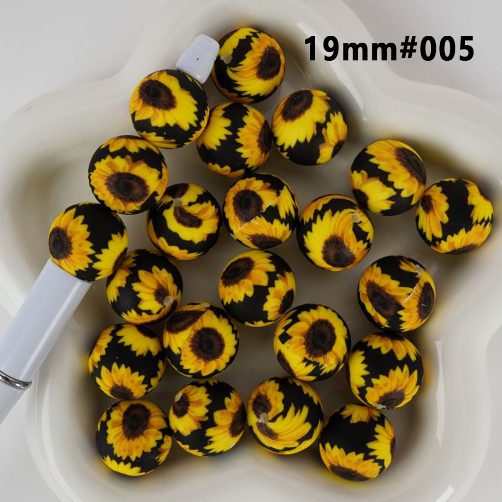 Sunflowers Large Black Round Printed Silicone Beads 19MM, Number 005