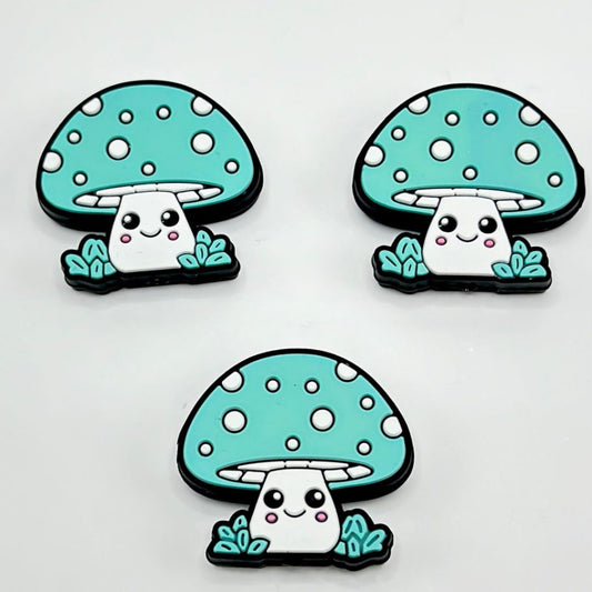 White Smile Vivid Cute Face & Teal Mushroom Silicone Focal Beads