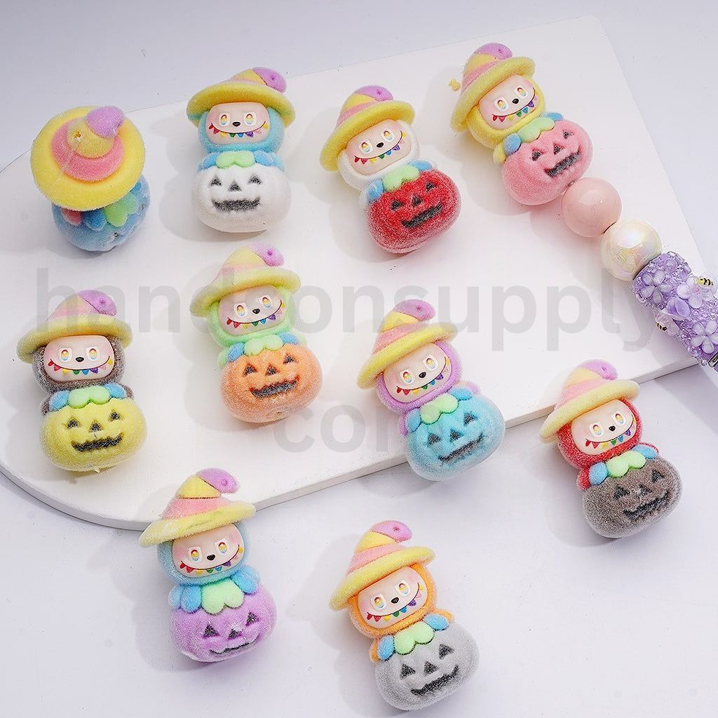 Cute Halloween Pen Topper Flocked Labub with Magic Hat on Ghost Face Pumpkin Acrylic Beads 44*28MM Random Mix