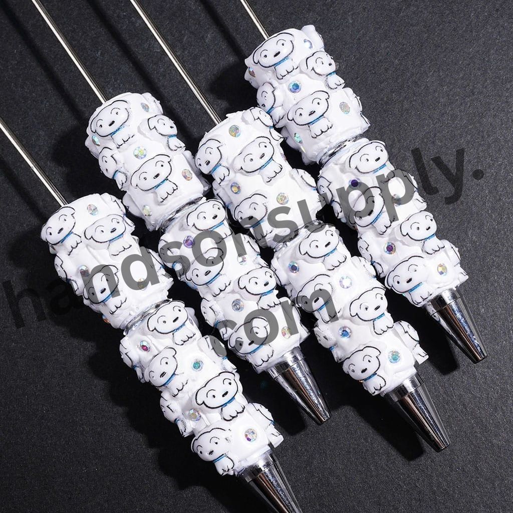 Adorable Japanese Anime White Dog Character with Blue Collar & Sparkling AB Rhinestone Beadable Clay Pens