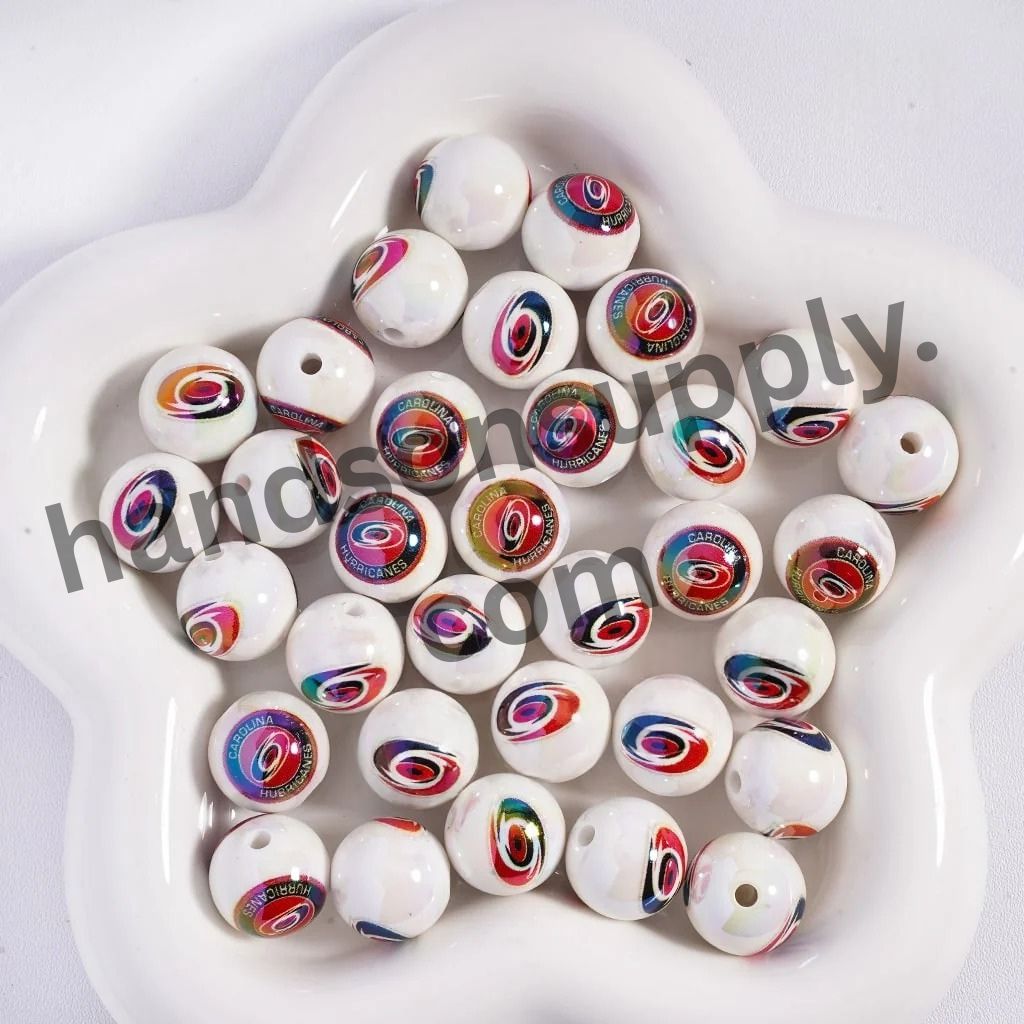 Round with UV Coating Ice Hockey Team Pattern Acrylic Beads for Bracelets, 16MM