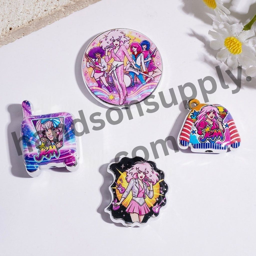 Cute Retro-Style Rock Singer Character Pink Series with Silver Border Acrylic Bead and Pendants, Random Mix