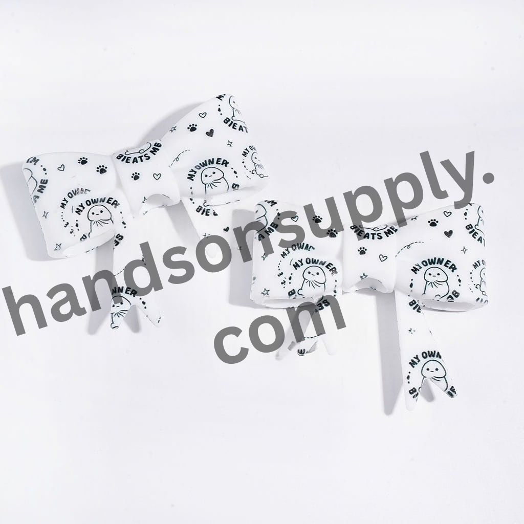 UV-Printed Men's Exclusive Doodle Character & Text Soft White Bow-Shaped Silicone Focal Beads, 53*59MM