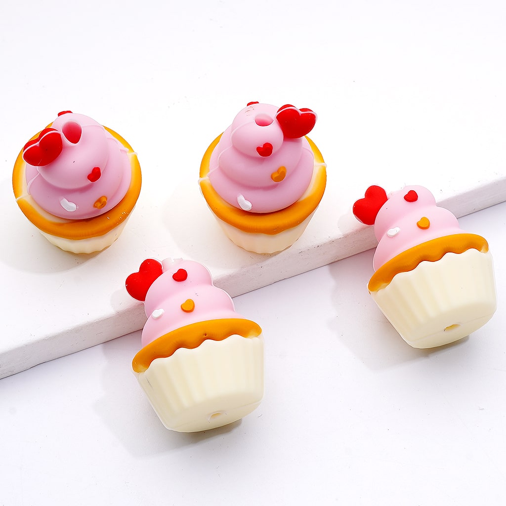 Multi-Color 3D Cute Ice Cream Cake Cup with Red Heart Silicone Focal Beads