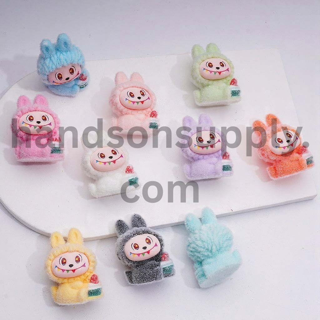 Cute Flocked Sweet Fantasy Creature Holds Flower Pot Monster Doll Pendants Pen Topper Acrylic Beads Jewelry Accessories, 39*28MM, Random Mix