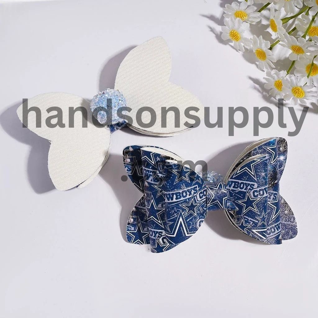 Sporty USA Football Team Pattern Printed Fabric Bowtie with Sparkling AB Rhinestone & Clear Ball Chains Acrylic Sugar Beads