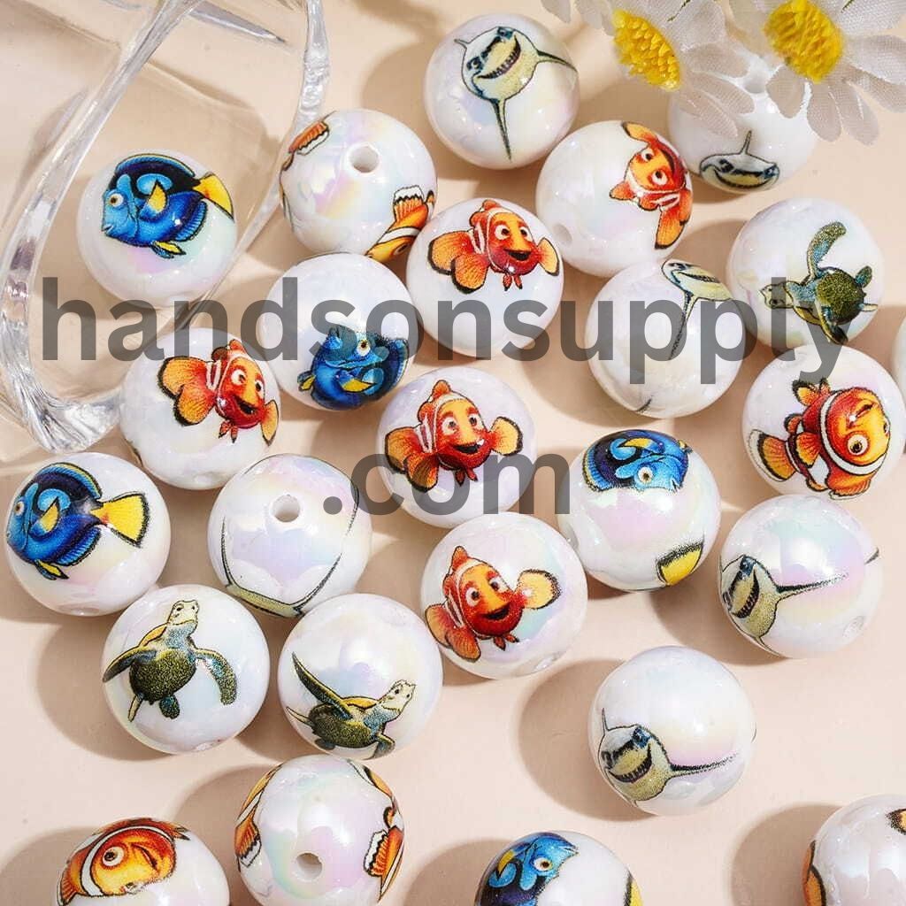 Cute Ocean Sea Creatures Character Series UV Coated Glossy Printed Round Acrylic Beads, 16MM, Random Mix