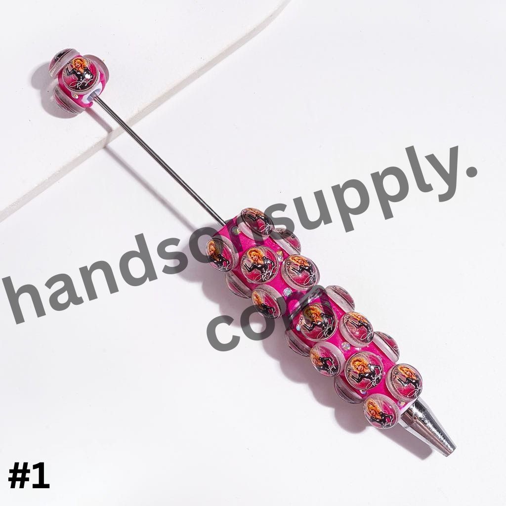 Retro American Country Singer Character Printed Rounded Design with Sparkling AB Rhinestones on a Rose Pink and White Background Beadable Clay Pens