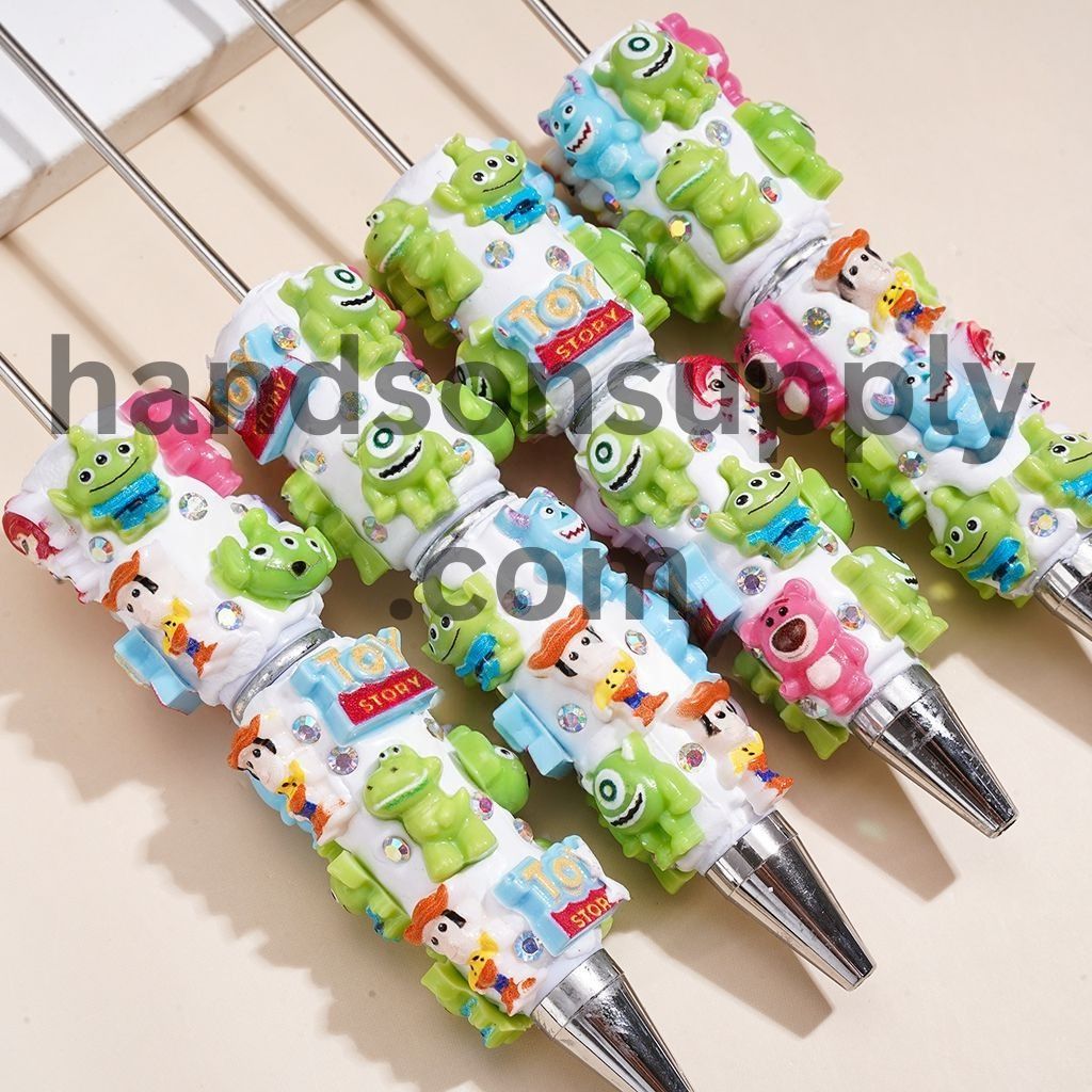 Cute Cartoon Character Series with Sparkling AB Rhinestones on White Base Beadable Clay Pens