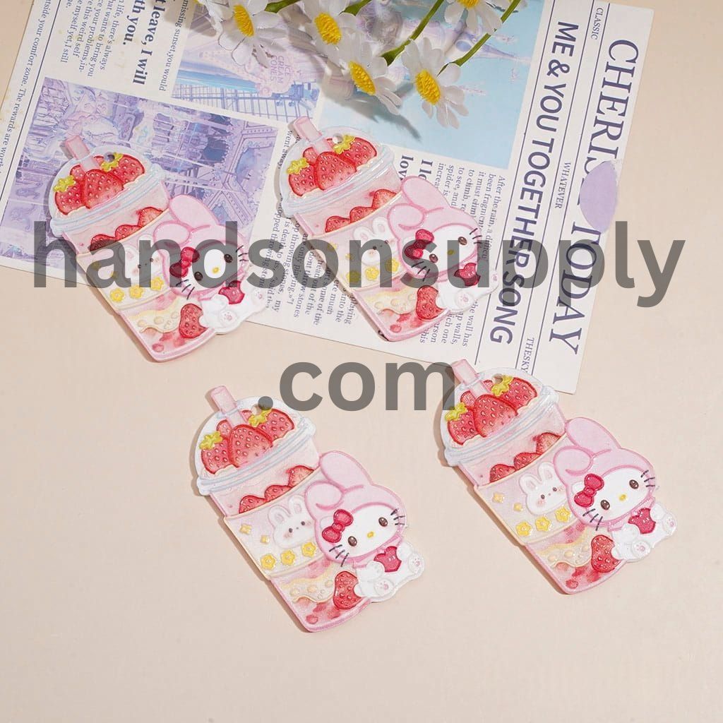 Cute Bunny Character Holding a Heart with Pink Strawberry Smoothie Cup, Raised Pattern Design Acrylic Charms Pendants, 61*34MM