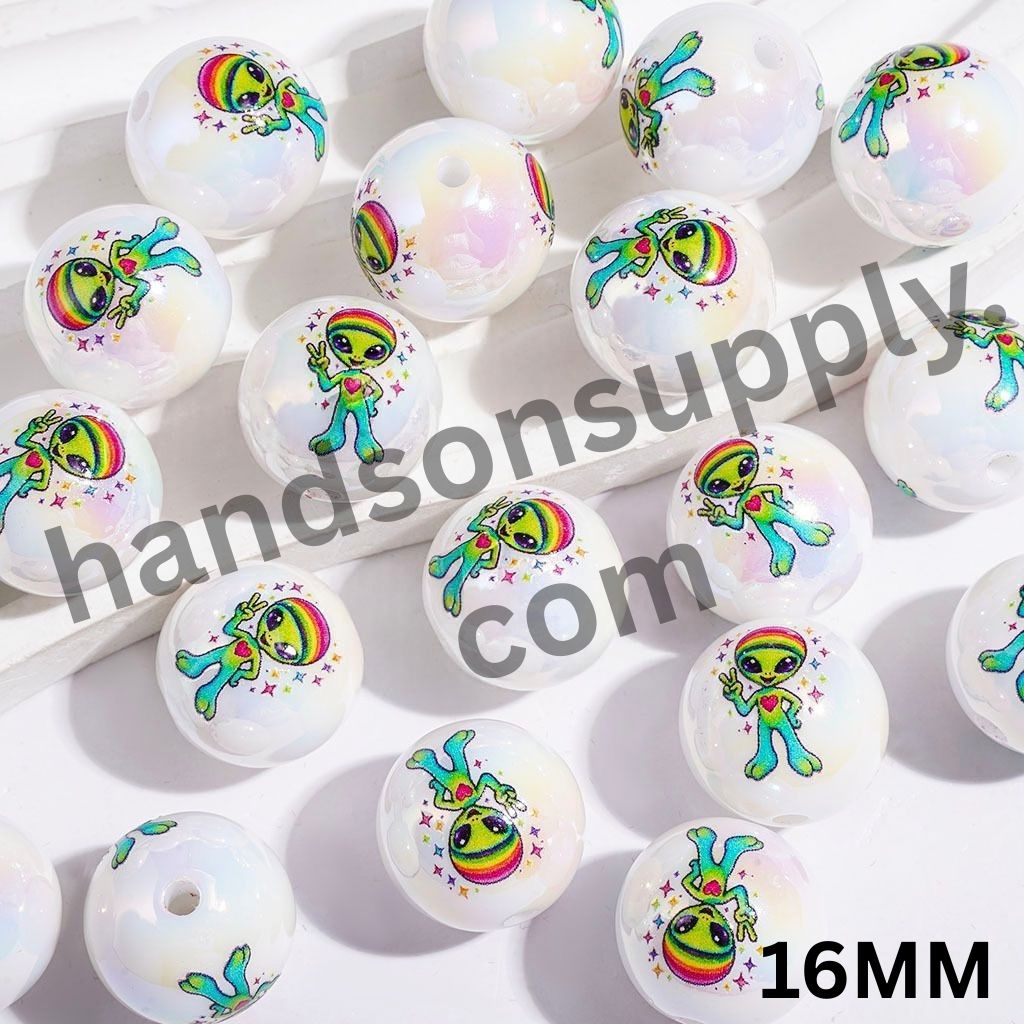 UV-Coated Playful Green Alien Character Making a Funny Gesture Printed Round Acrylic Beads for Bracelets, 16MM