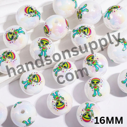 UV-Coated Playful Green Alien Character Making a Funny Gesture Printed Round Acrylic Beads for Bracelets, 16MM