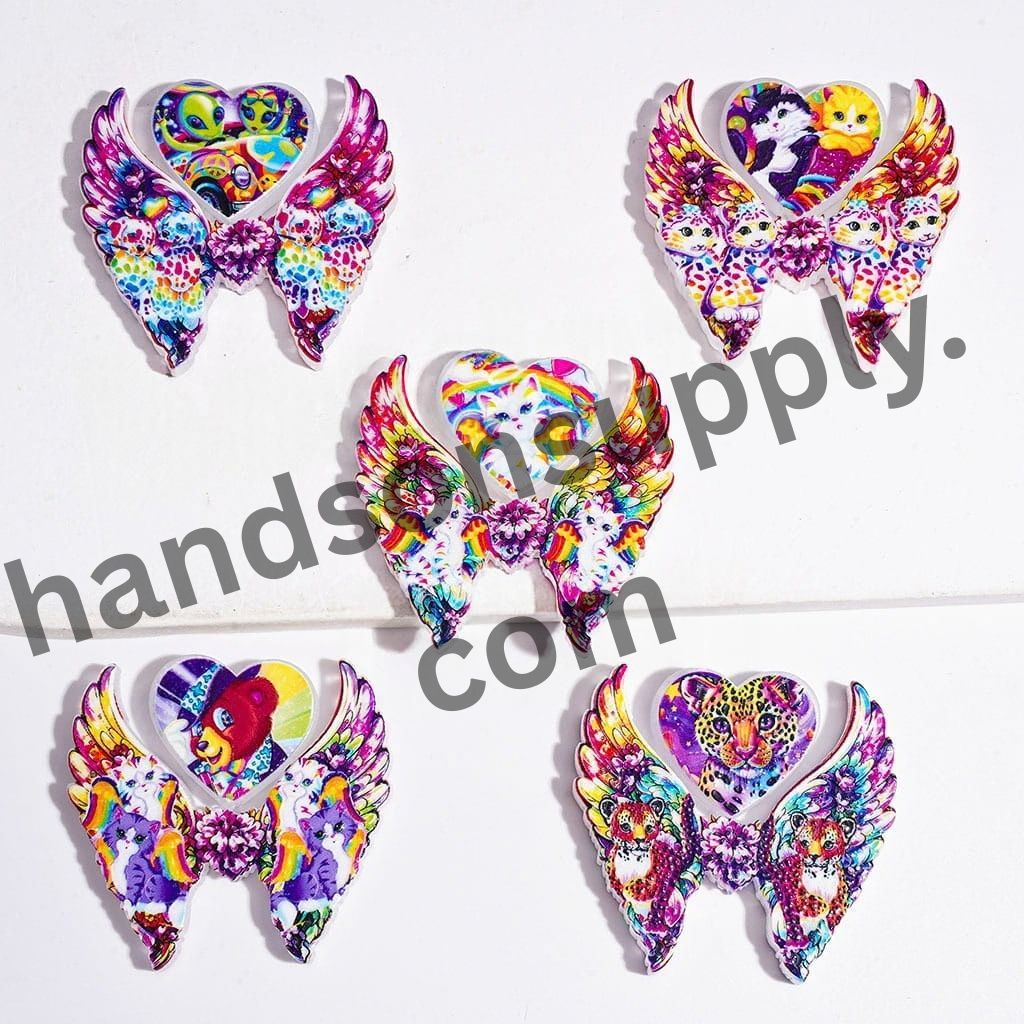 Vibrant Colorful Animal Theme Angel Wings & Heart Shaped Acrylic Beads, Collection Set, Random Mix