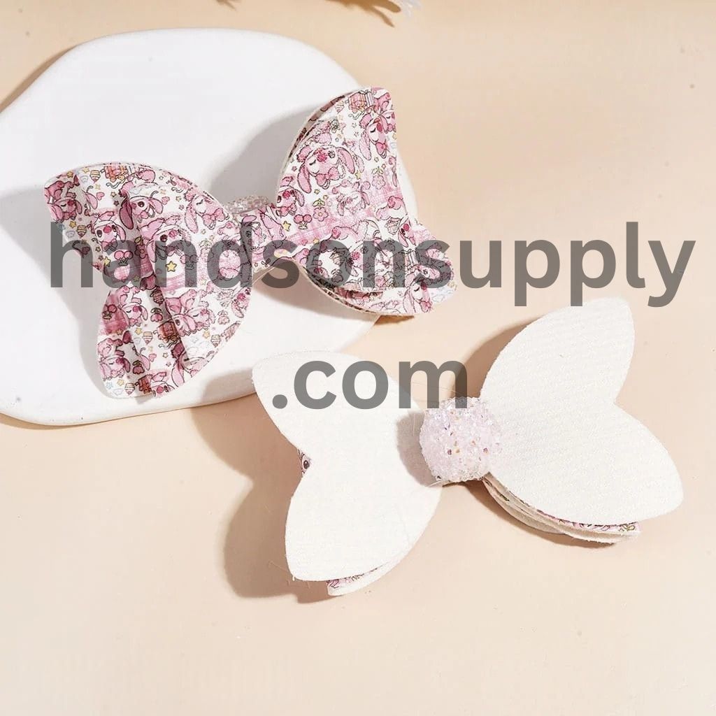 Cute Blue Pink Monster Character Holding Gift Three-Layer Fabric Bowtie with Sparkling Cone-Shaped AB Rhinestones, Clear Pearl Loop & Sugar Beads