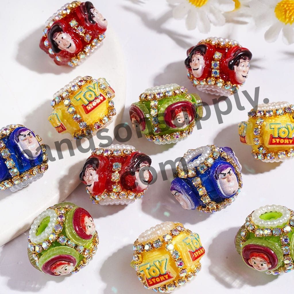 Adorable Toy Adventure Character Series with Sparkling AB Rhinestone & White Pearl Chain Accents, Handmade Acrylic Beads, 18MM, Multi-Color, Random Mix