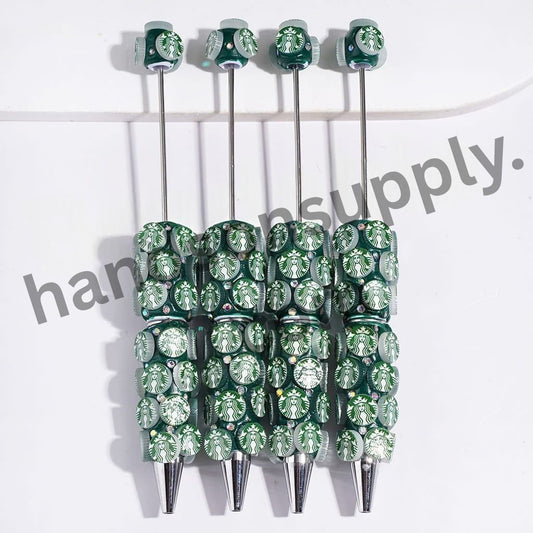 Iconic Coffee Design with Sparkling AB Rhinestones, Green Base Beadable Clay Pens