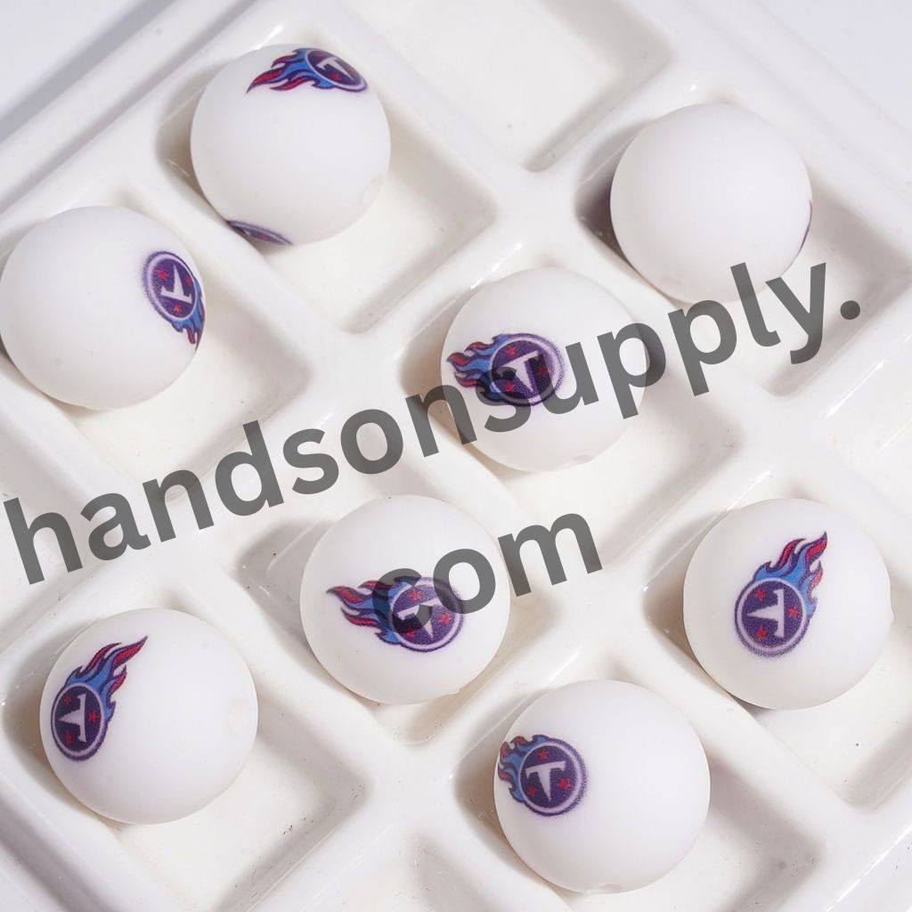 Sporty American Tennessee Football Printed Round Silicone Beads for DIY Bracelets and Necklaces, 15MM