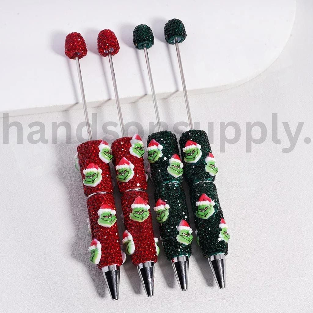Green Monster with Christmas Santa Hat Red & Green Rhinestones Beadable Clay Pen