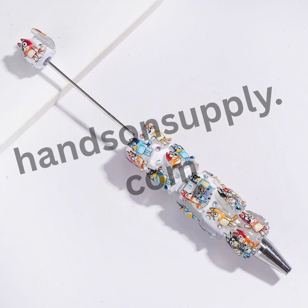 Black and White Beadable Clay Pen Featuring a Friendly Blue Dog Family Character with Sparkling AB Rhinestones and White Pearls