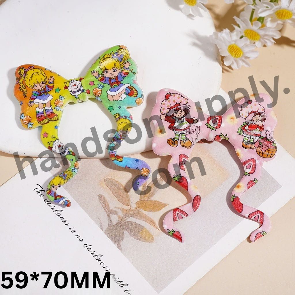 Cute Rainbow & Strawberry Girl Long Ribbon Bowtie Silicone Focal Beads, 59*70MM Random Mix