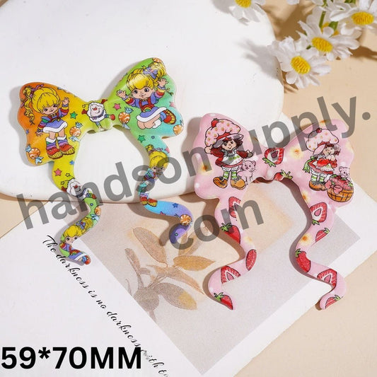 Cute Rainbow & Strawberry Girl Long Ribbon Bowtie Silicone Focal Beads, 59*70MM Random Mix