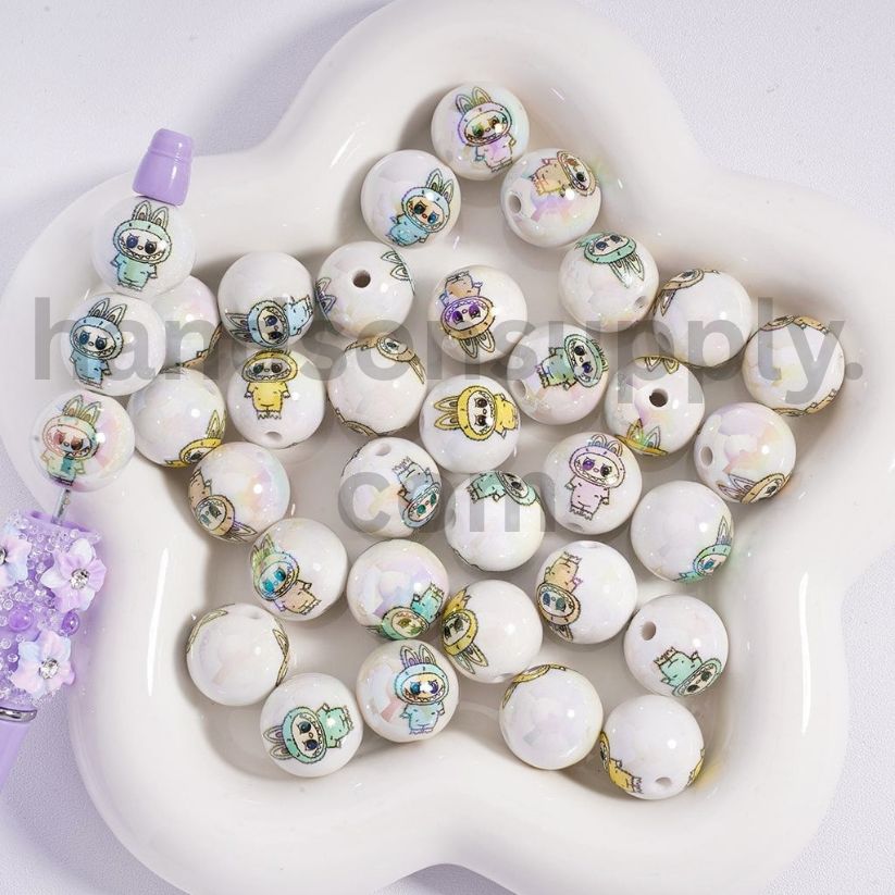 UV Coated Labubu Face Clear, White, Jelly & Solid Color Acrylic Beads 16mm Random Mix