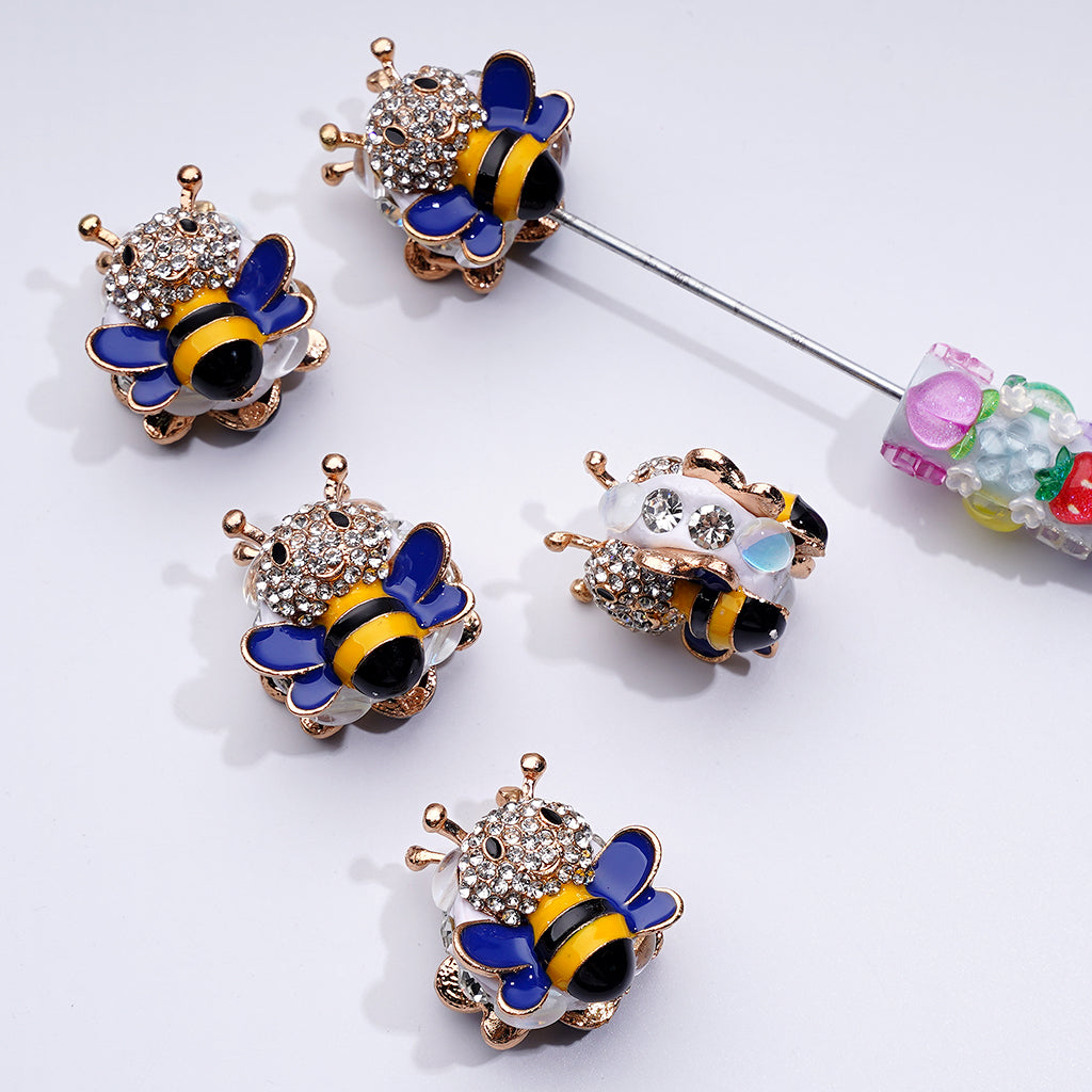 Clear Rhinestones Pearls with Fancy Mini Cute Alloy Bee White Flat Round Clay Beads, Around 27*30MM
