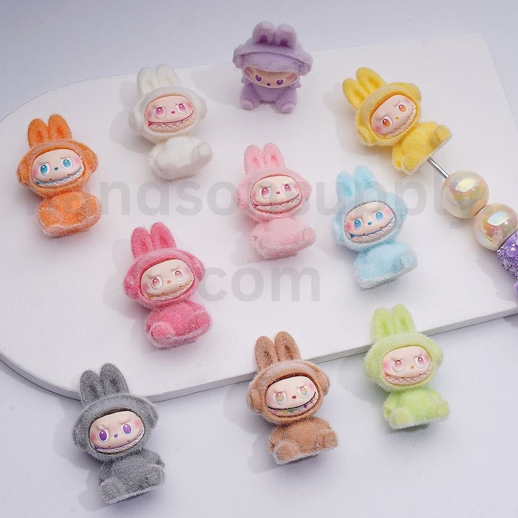 Cute Labub Po Mar Flocked Fluffy Pendants Pen Topper Acrylic Beads, 38*26MM, Random Mix