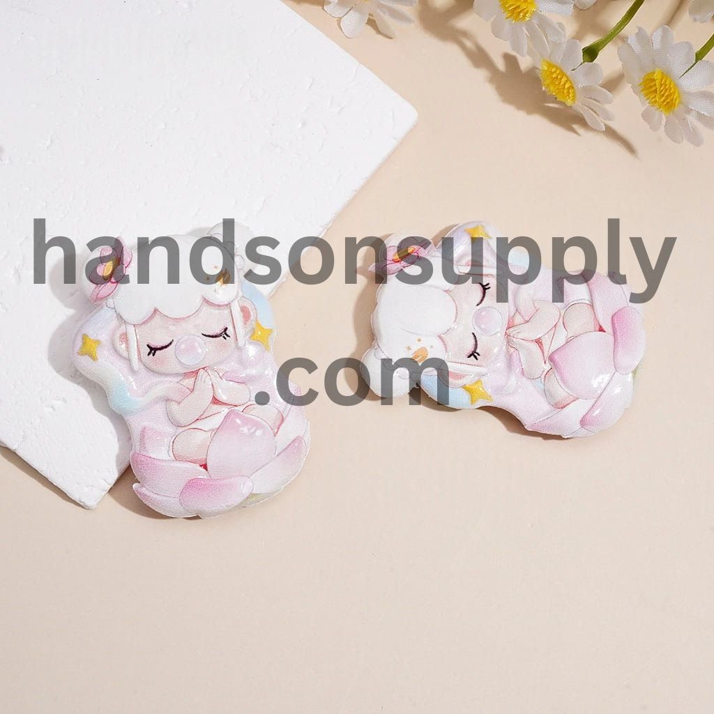 Cute Sleeping Girl Character Design Blowing Bubbles and Resting on Pink Lotus Flower, Raised Pattern Acrylic Beads, 49*35MM