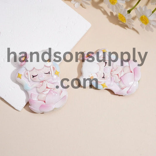 Cute Sleeping Girl Character Design Blowing Bubbles and Resting on Pink Lotus Flower, Raised Pattern Acrylic Beads, 49*35MM