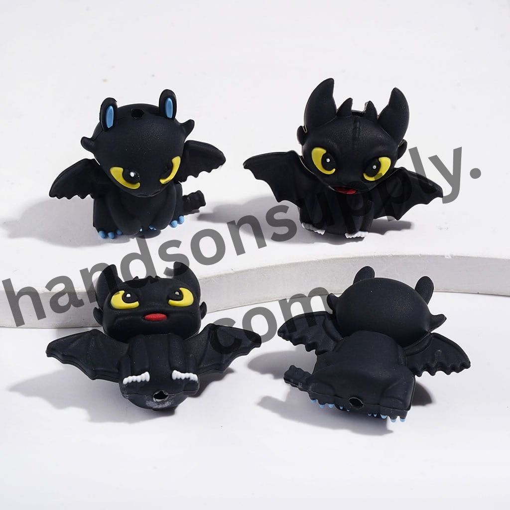 3D Spooky Black Little Dragon with Yellow Eye, Blue & White Paw Silicone Focal Beads