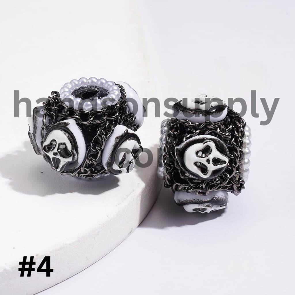 Spooky Horror Characters with Gun Black Metal Chains & White Pearl Loop Assorted shapes Halloween Theme Handcrafted Clay Beads