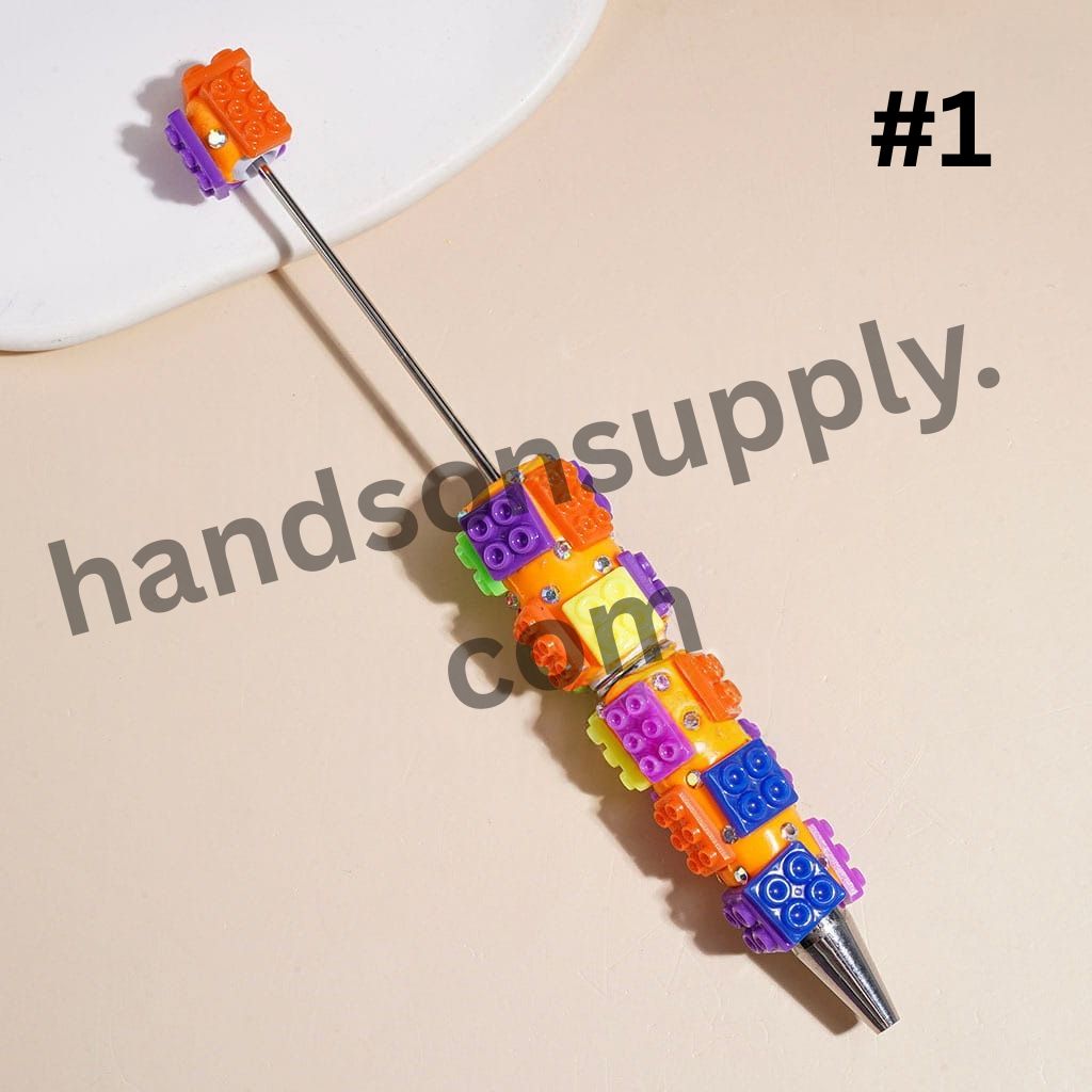 Colorful Building Block Bricks Piece Theme Beadable Clay Pens with AB Rhinestones, None Color