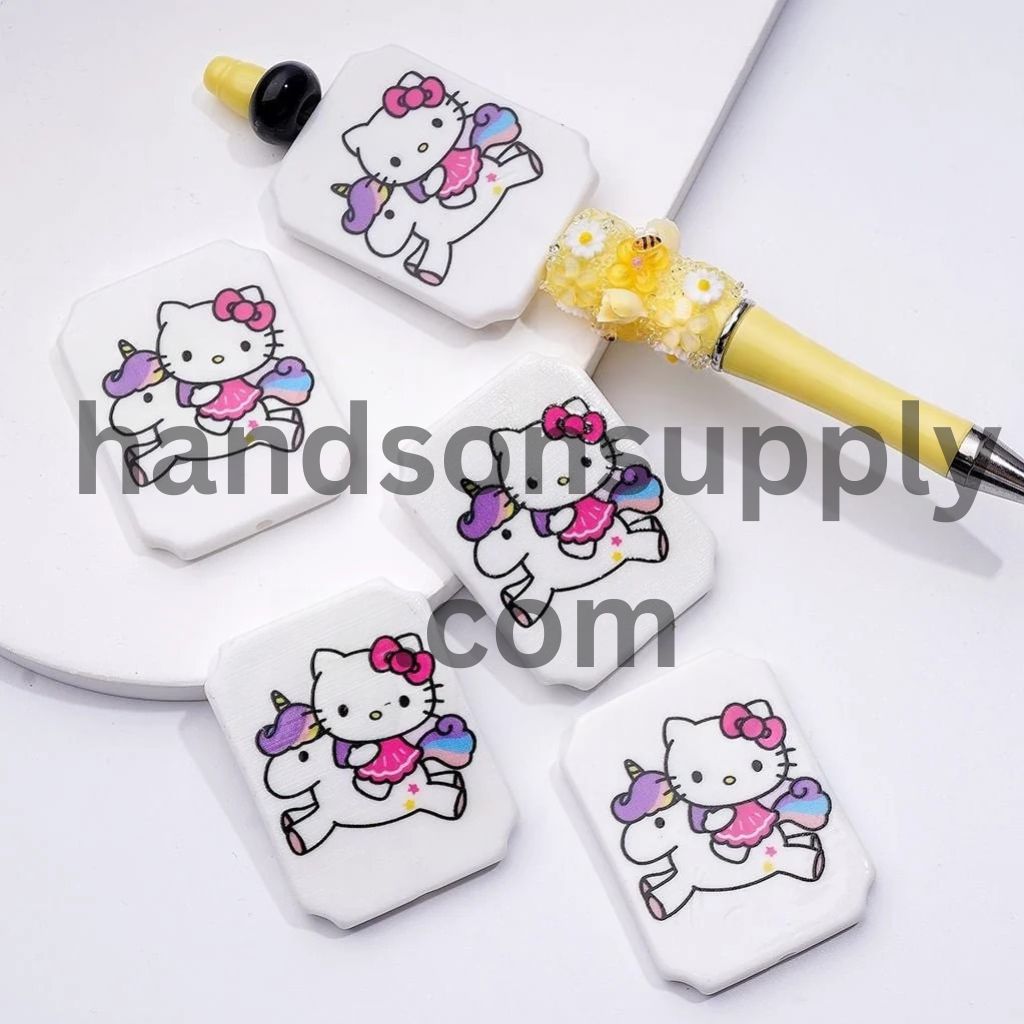 Cute Cat Character with Blue Wings Ice Cream Drives a Car Adorable Character Unicorn Balloons Rectangle Flat Acrylic Beads, Around 45*35MM