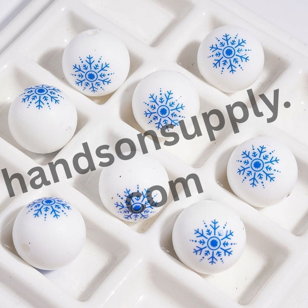 Adorable Blue Snowflake Pattern Printed Round Silicone Beads for DIY Bracelets, 15MM