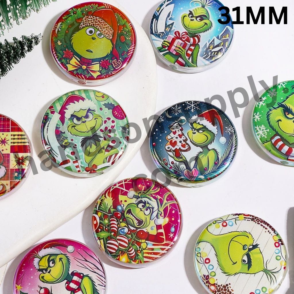 UV-Coated Whimsical Green Christmas Character Flat Round Shape Acrylic Beads, 31MM, Random Mix