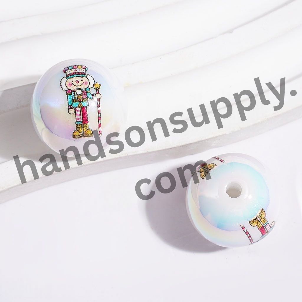 UV-Coated Festive Wooden Nutcracker Soldier Toy Character Printed Round Acrylic Beads for Bracelets, 16MM