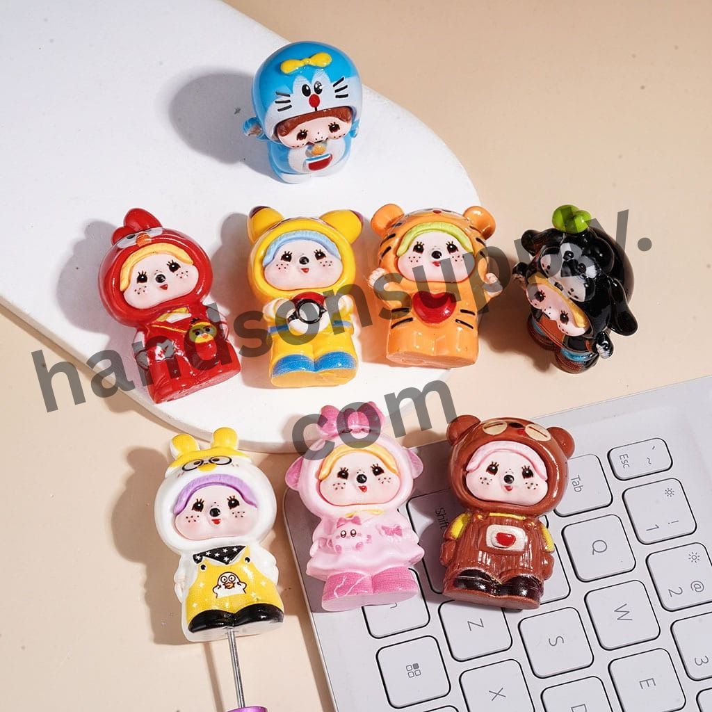 Cute Monkey Doll Character Series in Diverse Animal Fantasy Costume, Acrylic Figurine for Beads & Pen Topper, Jewelry Accessories, Multi-Color, Random Mix