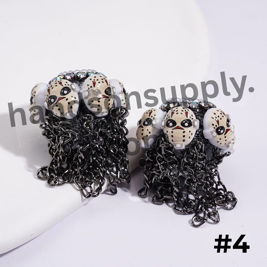 Horror Character with Black Tassel Chains White Pearls & AB Rhinestones Handmade Acrylic Beads