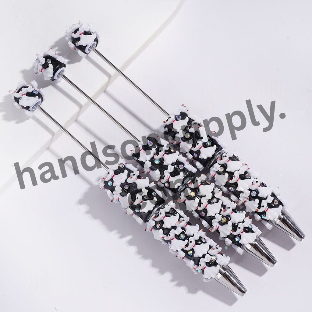 Cute White and Black Dog Halloween Beadable Clay Pens with AB Rhinestones, Multi-Color