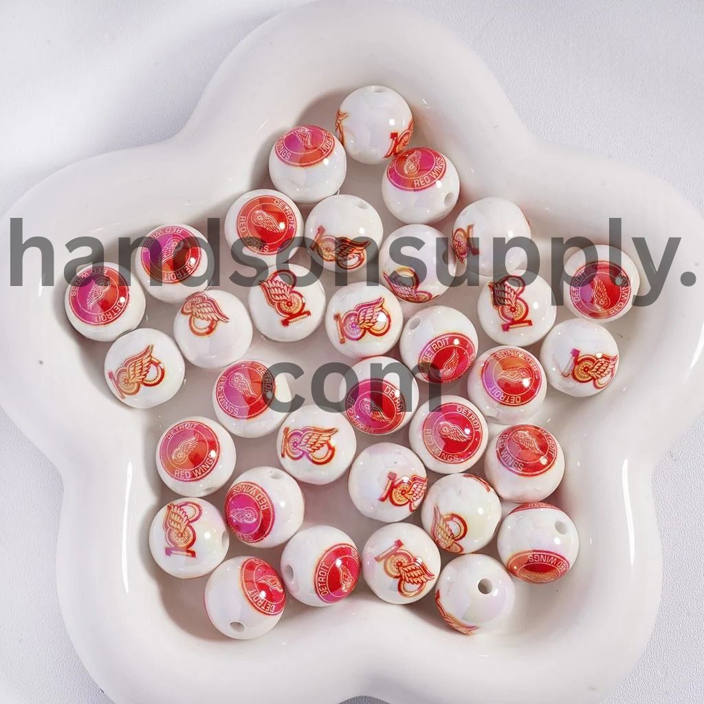Round UV Coating Ice Hockey Team Pattern Acrylic Beads for Bracelets, 16MM