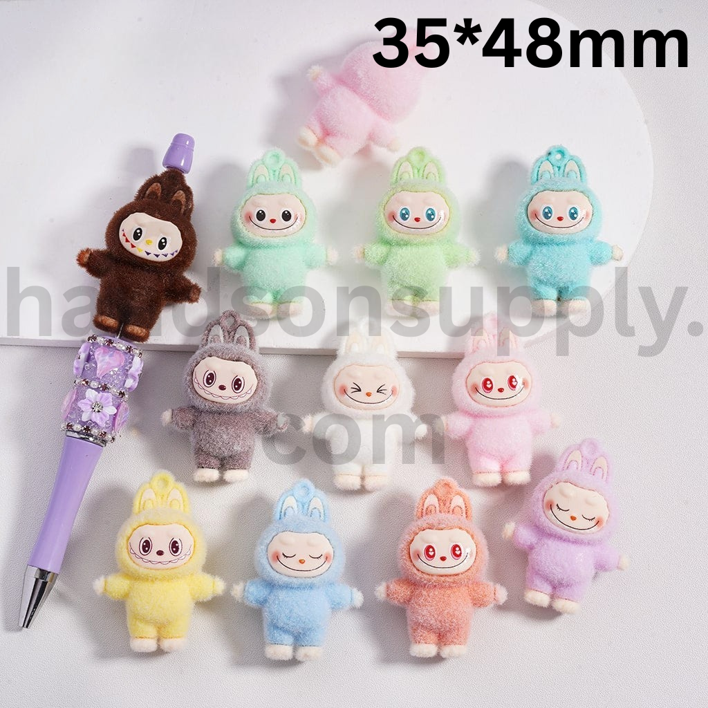 Flocked Labub Soft Pastel Pen Toppers & Pendants Acrylic Beads 35*48 mm, Solid Color