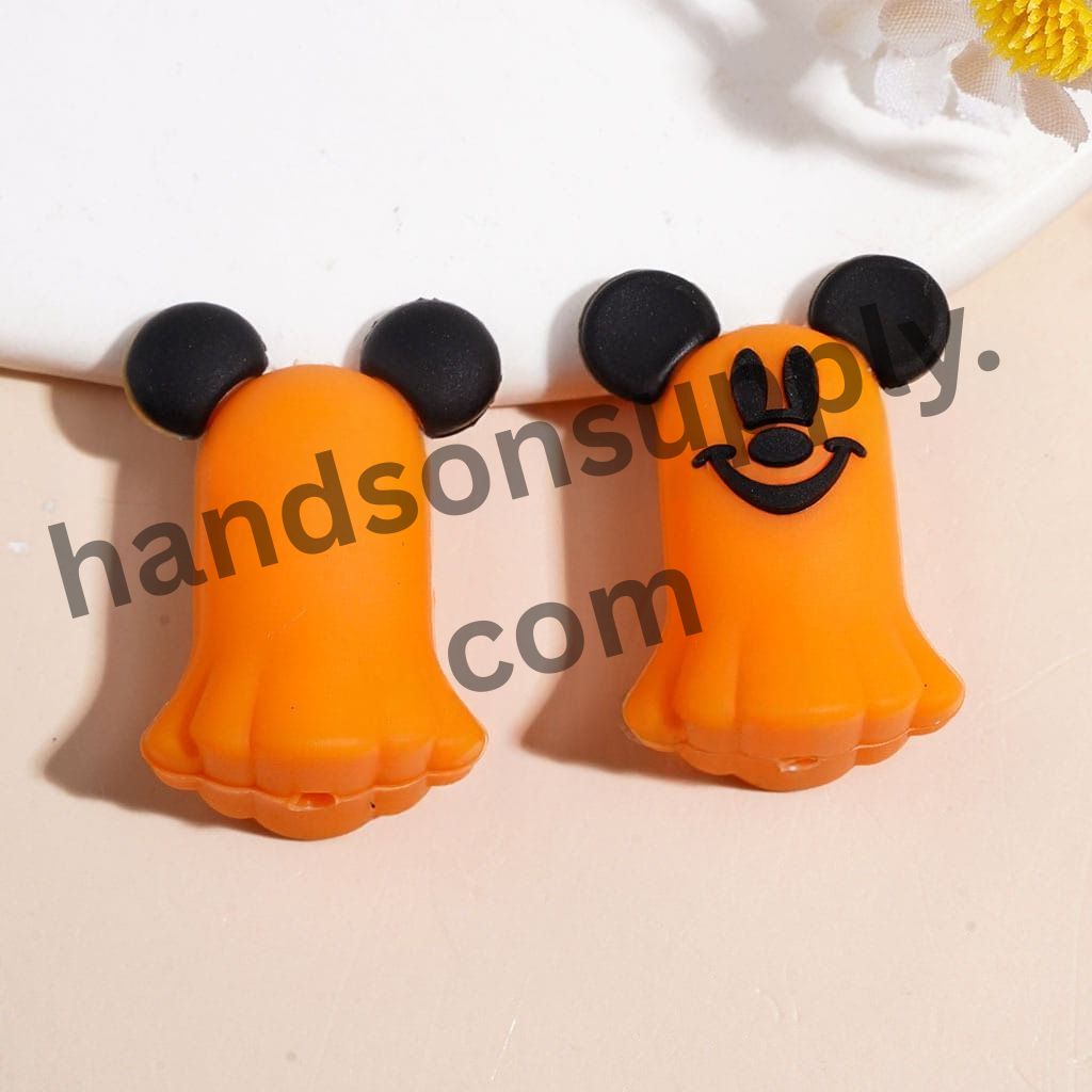 Cute Classic Mouse Character Inspired Faces with Round Ears Ghost Halloween Silicone Focal Beads, 21*30MM, Multi-Color Random Mix